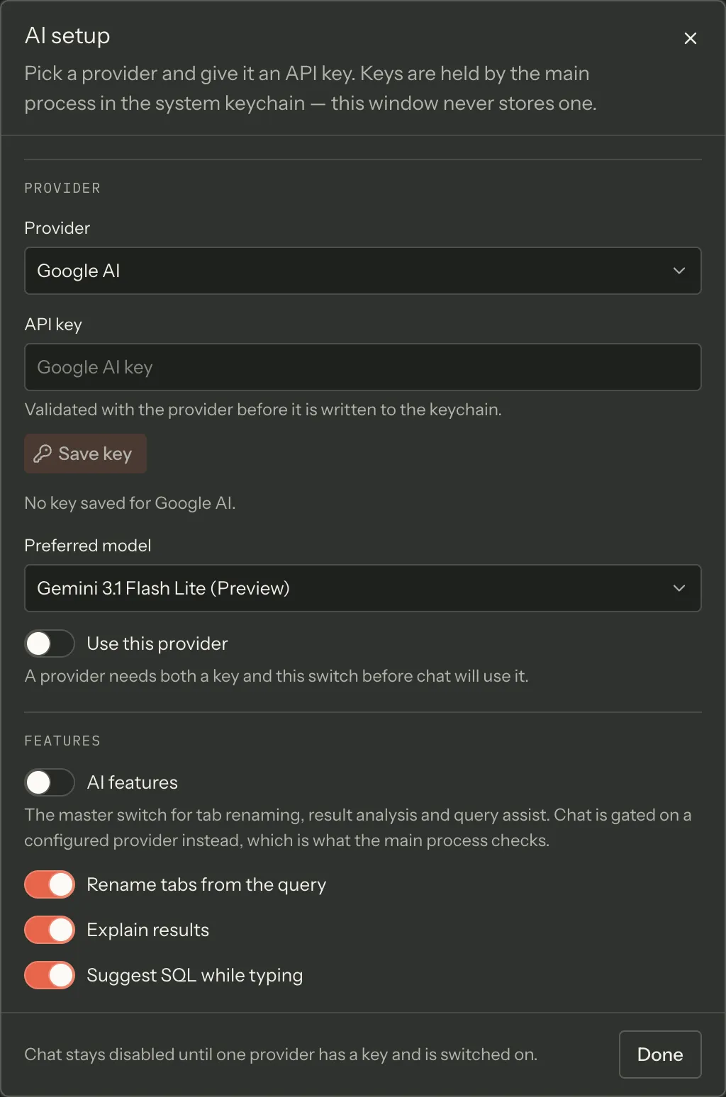 The AI setup dialog: a provider picker, an API key field with Save key beneath it, a preferred-model picker, a “Use this provider” switch, and the AI features switches below a divider.