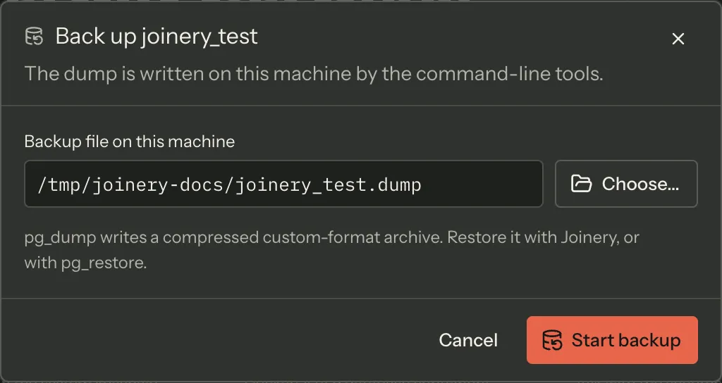 The backup wizard on a PostgreSQL database: one “Backup file on this machine” field with a Choose… button, the note about the archive format underneath, and a Start backup button — no backup type, compression box or statement preview.
