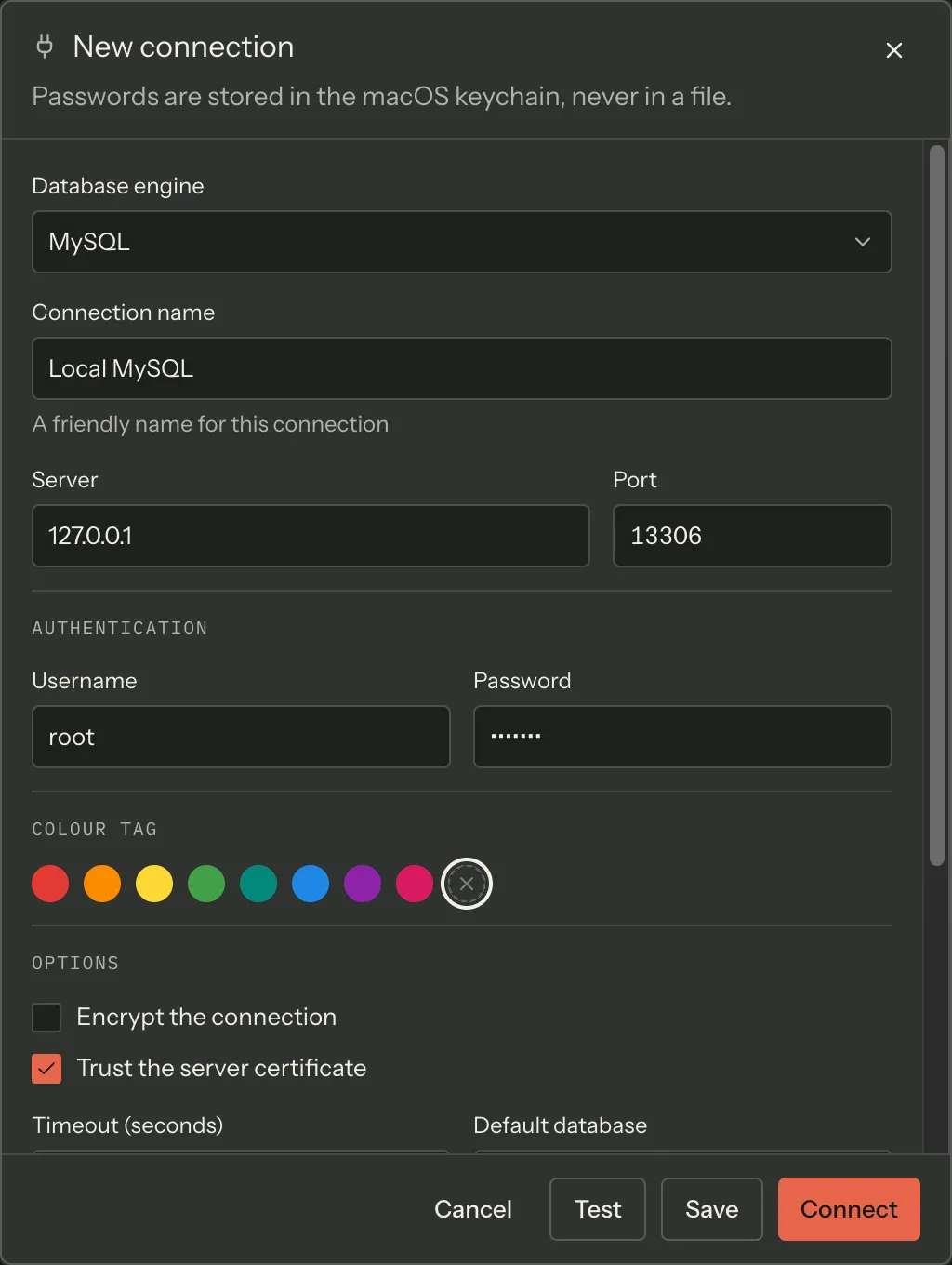The connection editor filled in for a MySQL server — the engine set to MySQL, a non-default port (13306, from the docs’ test harness), a username, and no authentication-type picker.