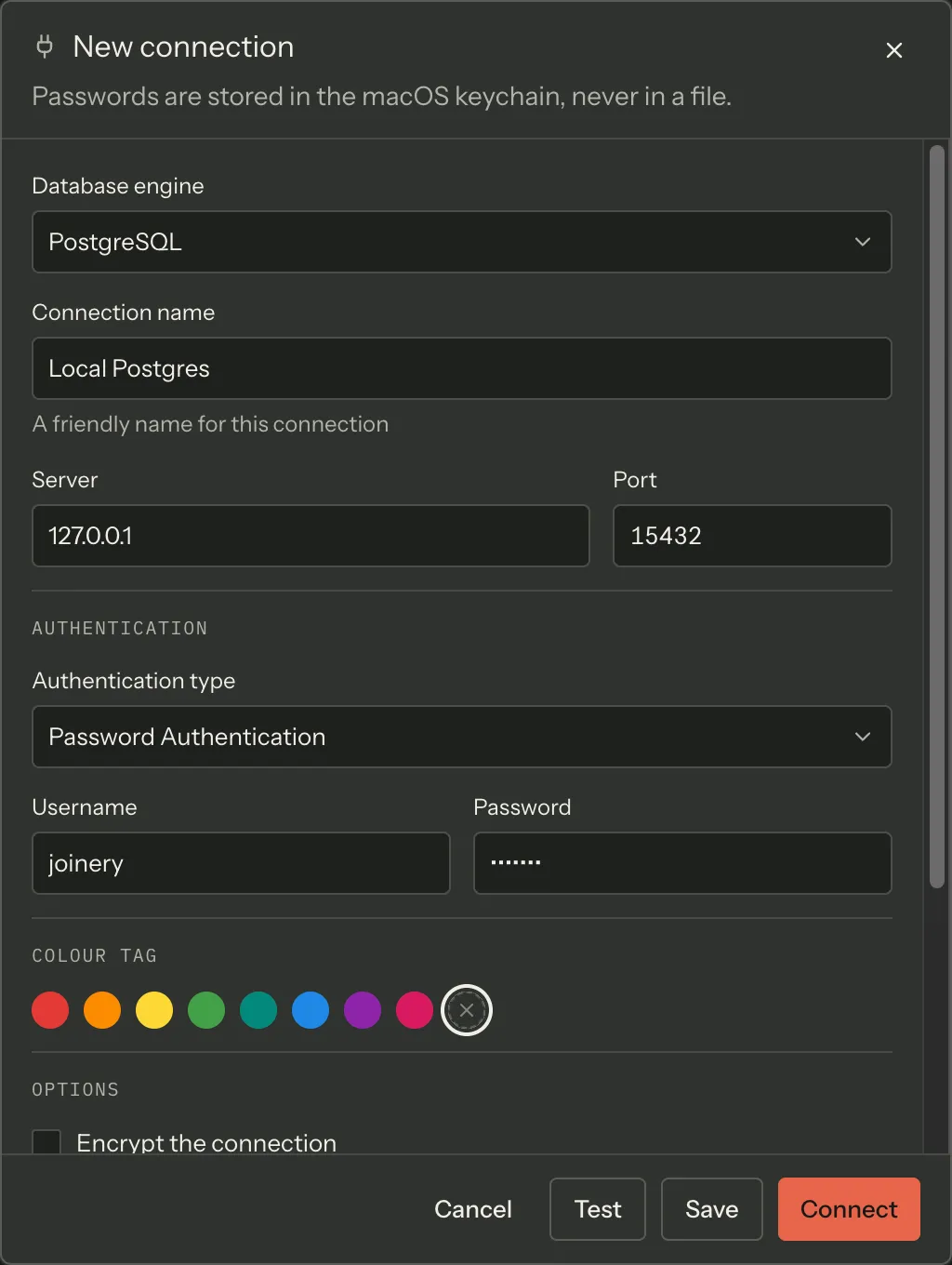The connection editor filled in for a PostgreSQL server — the engine set to PostgreSQL, a non-default port (15432, from the docs’ test harness), a username, and the encryption checkbox below.