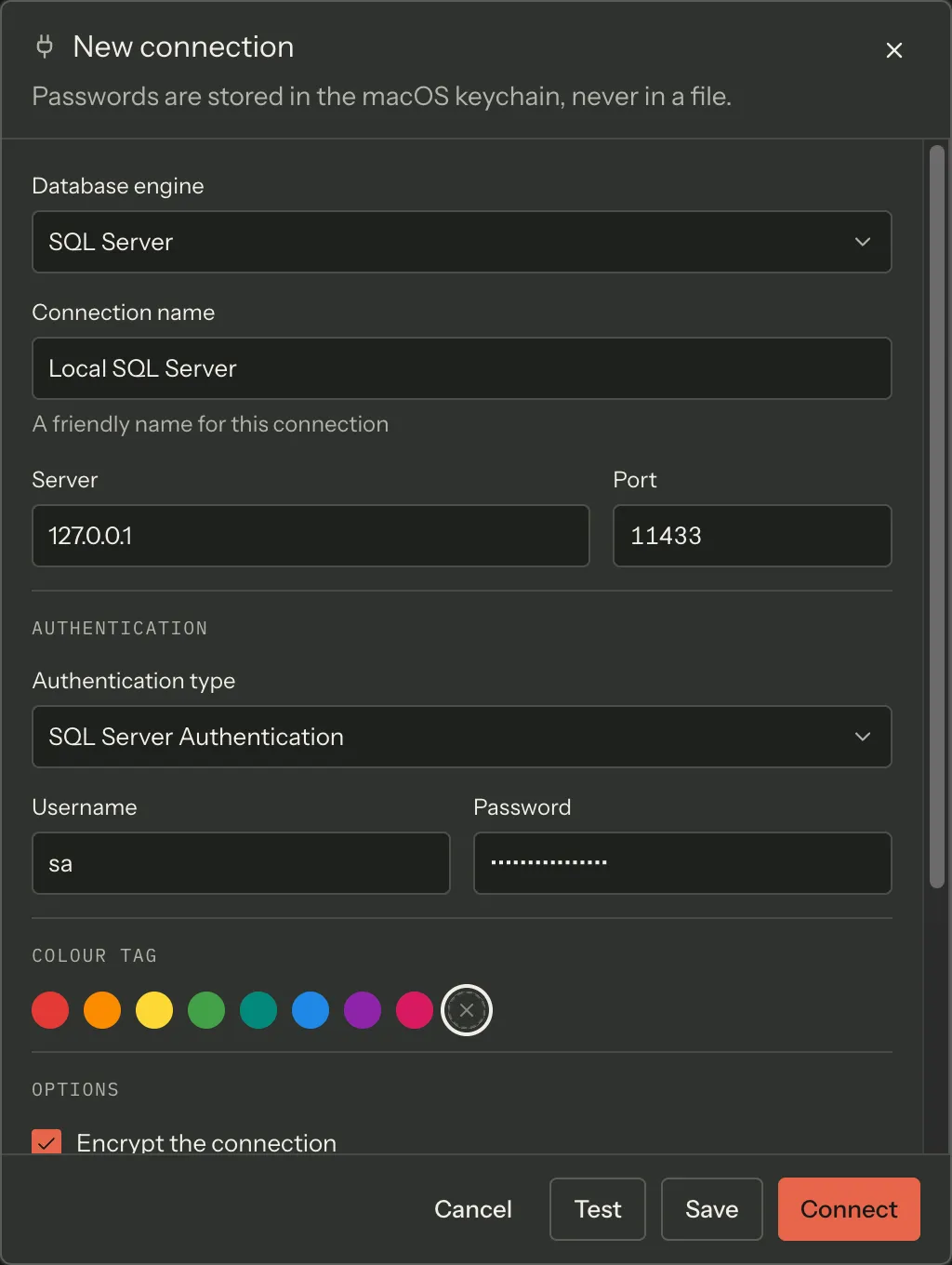 The connection editor filled in for a SQL Server instance — engine, connection name, server and port, the authentication picker, and the encryption checkbox below them.