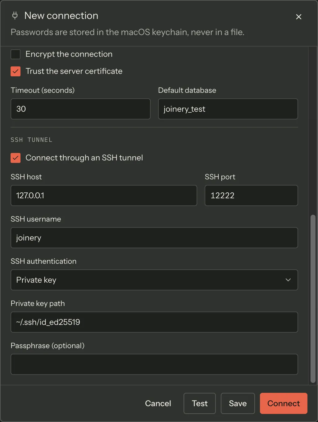 The connection editor’s SSH tunnel section, filled in: SSH host and port, SSH username, SSH authentication set to Private key, and the private key path below it.