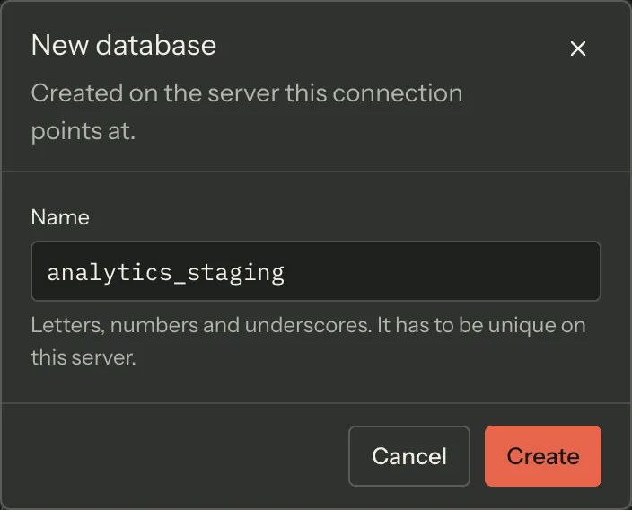 The New database dialog on a PostgreSQL connection: a single Name field with a name typed into it, the letters-numbers-and-underscores rule beneath, and Cancel and Create buttons — no recovery-model picker.
