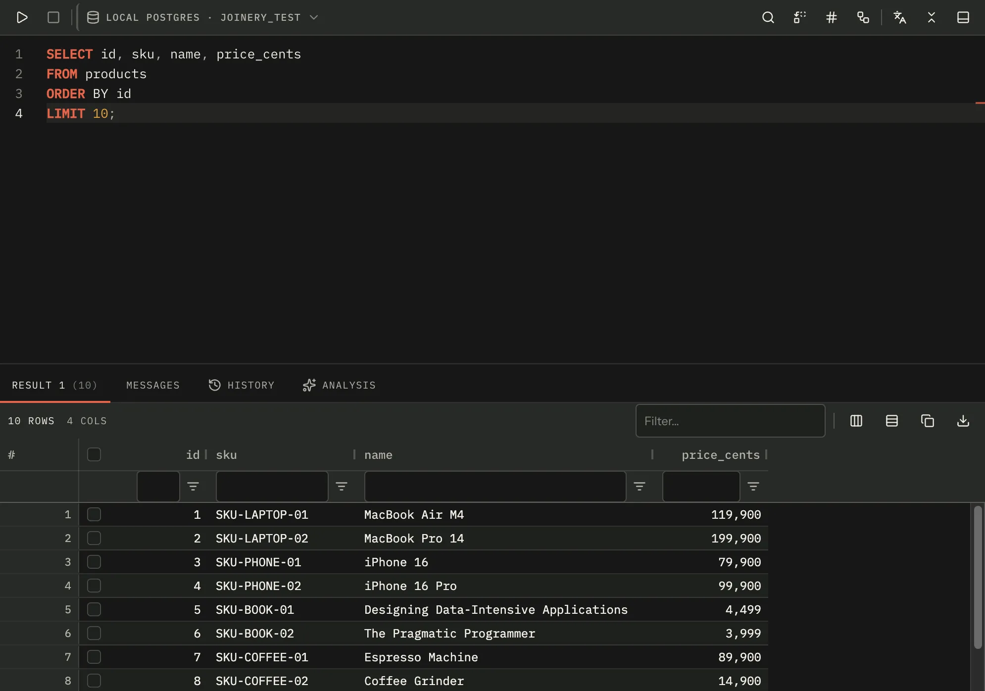 A query tab in three bands: the toolbar with its connection and database chip, a four-line SELECT in the editor, and the results panel underneath with its Result, Messages, History and Analysis tabs above ten rows of data.