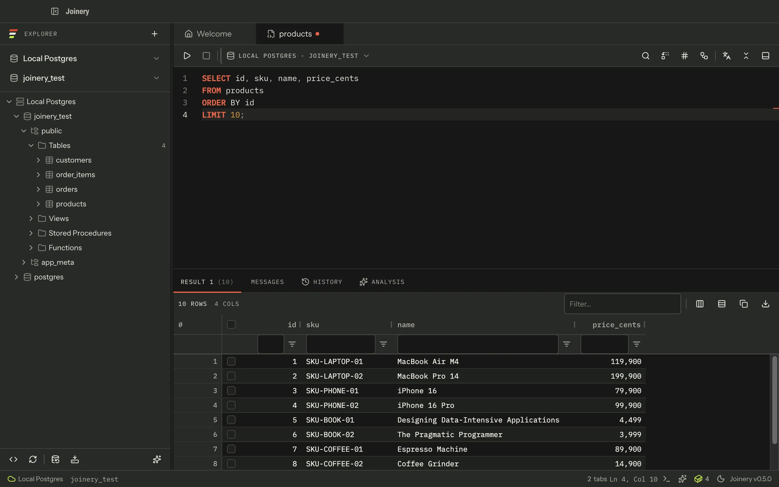 The Joinery window connected to a PostgreSQL database: the explorer tree down the left, a query tab in the middle with a SELECT above its results grid, and the connection and database named in the status bar.
