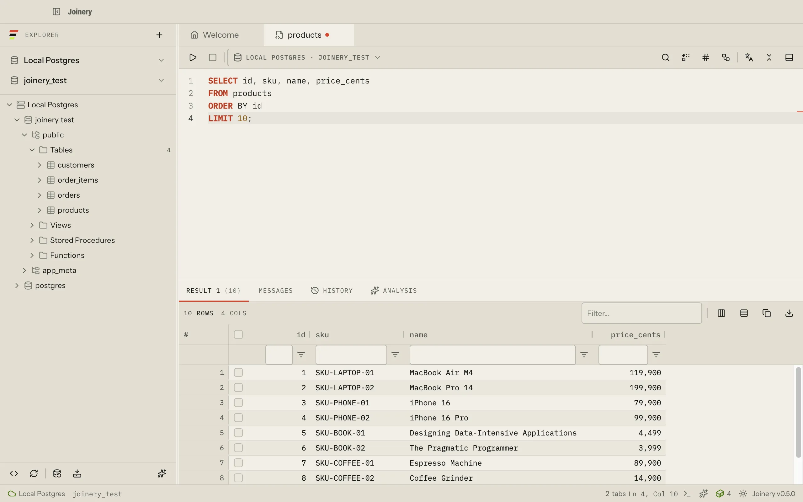 The Joinery window connected to a PostgreSQL database: the explorer tree down the left, a query tab in the middle with a SELECT above its results grid, and the connection and database named in the status bar.