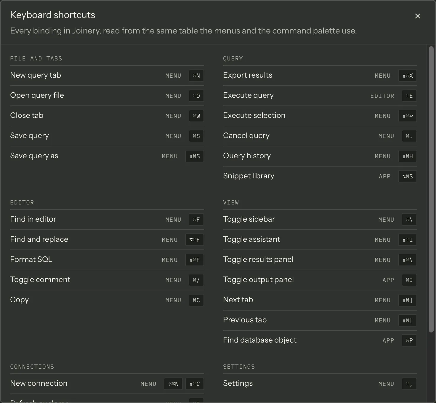 The keyboard shortcuts sheet in the app: bindings in two columns under group headings such as File and tabs, Query, Editor and View, each row giving a command name, its source — Menu, App or Editor — and its keystroke.