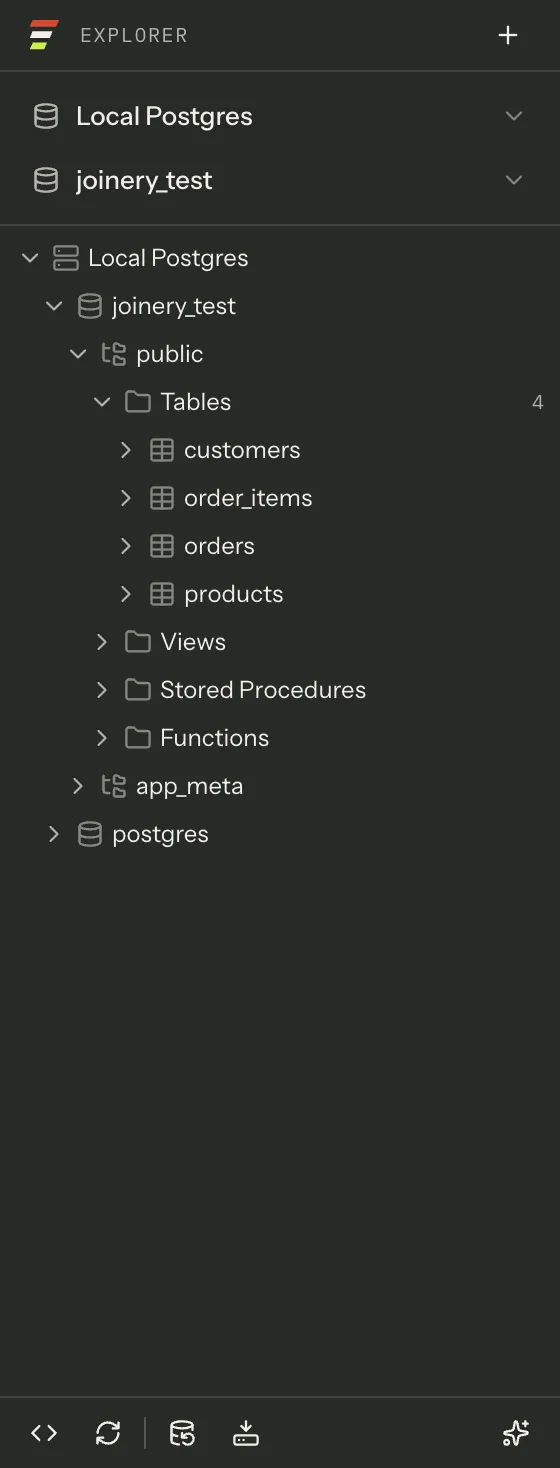 The Explorer sidebar: the connection and database pickers at the top, then a tree expanded from server to database to schema to Tables, four tables listed with the folder’s child count beside it, and the Views, Stored Procedures and Functions folders still collapsed.