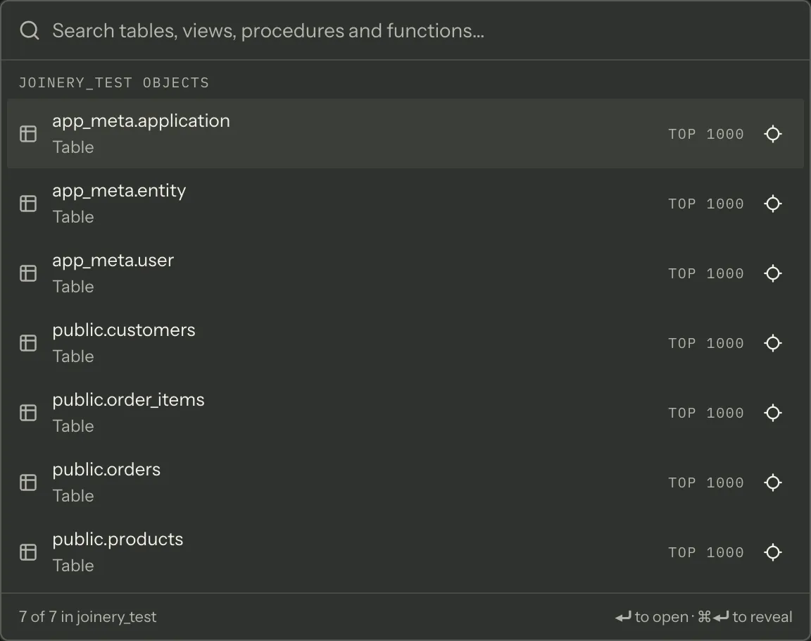 The object search overlay: a search box above the loaded database’s objects, each row giving the schema-qualified name, its kind, a “Top 1000” hint and a reveal button, with a match count and the Enter-key hints along the foot.