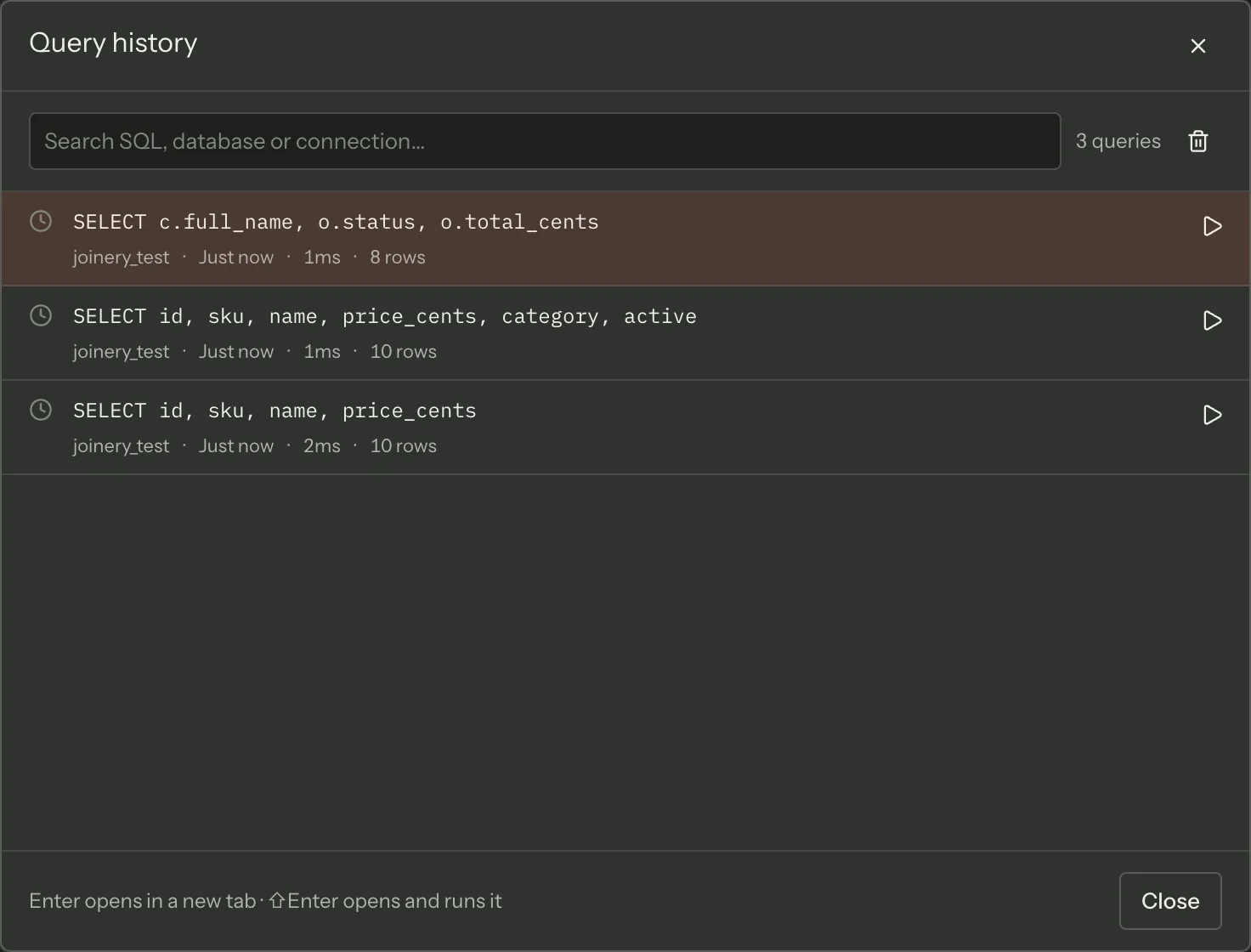The Query history dialog: a search box with the total query count and a clear button beside it, then three rows, each showing a statement’s first line above its database, how long ago it ran, its duration and its row count, with a run button on the right and the Enter-key hints along the foot.