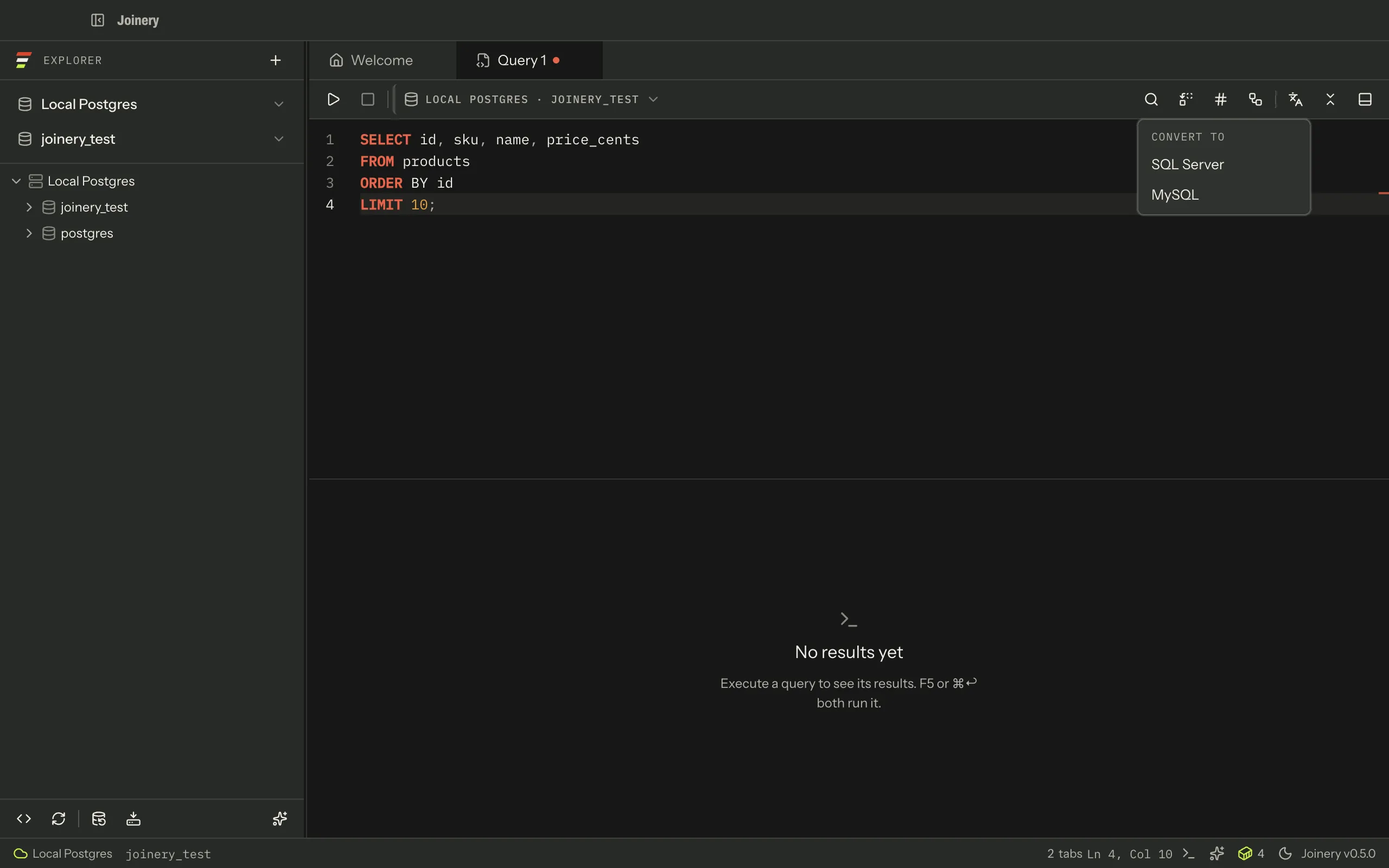 A PostgreSQL query tab with the toolbar’s Convert SQL dialect menu open above the statement, headed “Convert to” and offering SQL Server and MySQL — the tab’s own engine is not in the list.